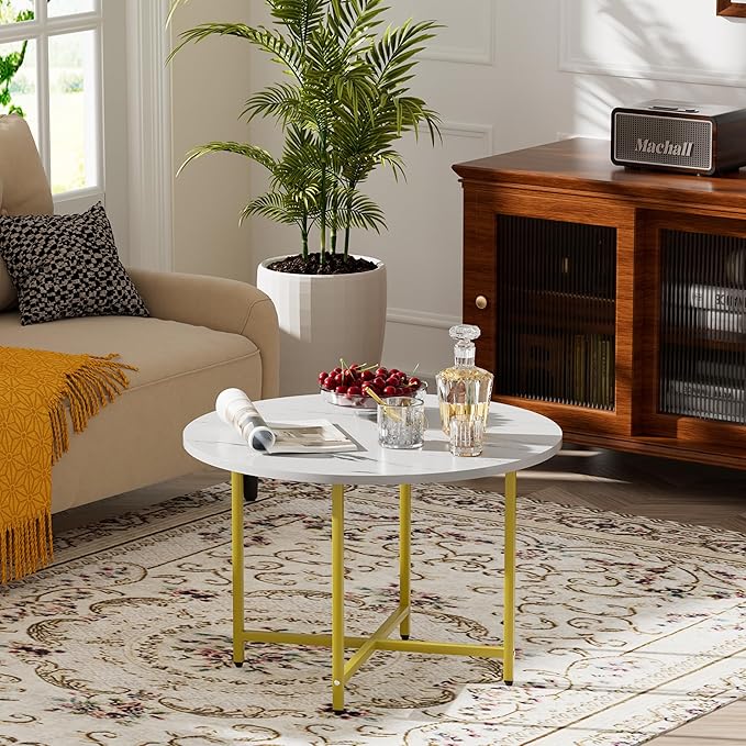 Round Coffee Table, Small Coffee Tables for Living Room, Wood Coffee Table with Metal Frame, Floor Table Desk for Sitting on The Floor, Home, Office, Farmhouse, White & Gold (23.6"D x 17.7"H)