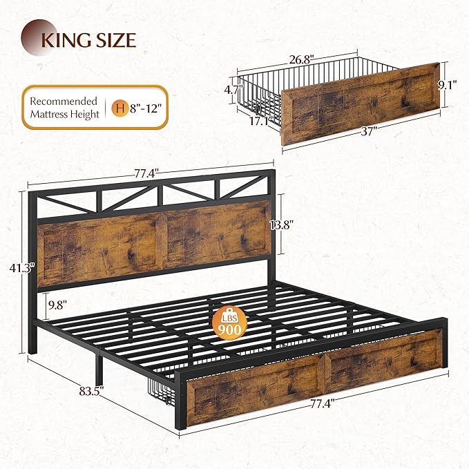 EnHomee Farmhouse King Size Bed Frame with 2 Storage Drawers & LED King Bed Frame Built in Charging Station,NO Noise,No Box Spring Needed,Brown