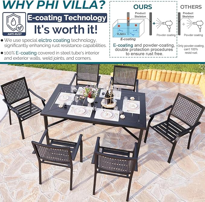 PHI VILLA Outdoor Conversation Furniture Dining Table and Chairs Set of 7 Pieces Patio Dining Set Metal Large 1.77" Umbrella Hole Table for 6 Person Wrought Iron Bistro Dining Chairs