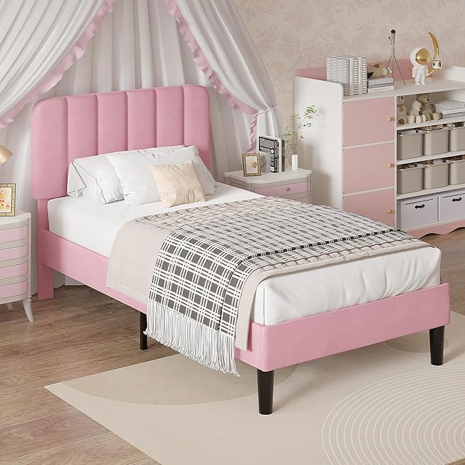 VECELO Twin Size Bed Frame with Upholstered Headboard, Velvet Platform Bedframe Mattress Foundation, Strong Wood Slat Support, No Box Spring Needed,Pink