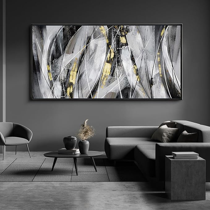 KLAKLA Abstract Frame Wall Art - Black and White Picture for Living Room Black and Gold Framed Artwork Canvas Art Work for Office Home Decor Bedroom Wall Decoration - 58x29 Inches