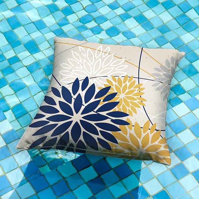 Outdoor Pillow Covers 20x20 Inch Set of 2 Navy Blue Yellow Outdoor Waterproof Decorative Throw Pillows Summer Spring Decor for Home Patio Funiture Garden Living Room Polyester Cushion Covers 01G20