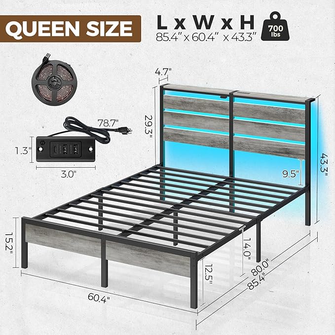 Rolanstar Bed Frame Queen Size with USB Charging Station, LED Bed Frame with Wood Storage Headboard, Light Grey Metal Platform Bed with Under Bed Storage, No Box Spring Needed, Noise Free