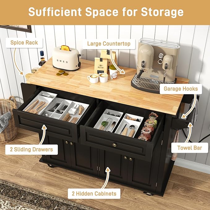 51.2" Movable Kitchen Island with Drop Leaf and Power Outlet, Rolling Island Cart w/Storage Cabinet, Island Table on Wheels for Kitchen w/2 Drawers, Spice Rack, Towel Bar, Garage Hook, Black