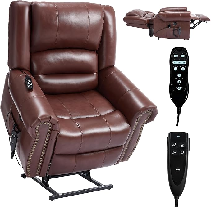 Dual Motor Power Lift Chair, Lay Flat Recliner Chair, Electric Recliner with Massage and Heat for Elderly, Remote Control, Infinite Position, Standing Assistance, USB Ports (Red, Genuine Leather)