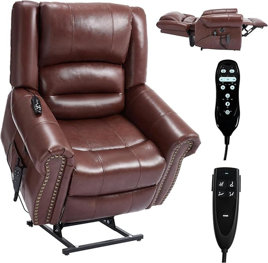 Dual Motor Power Lift Chair, Lay Flat Recliner Chair, Electric Recliner with Massage and Heat for Elderly, Remote Control, Infinite Position, Standing Assistance, USB Ports (Red, Genuine Leather)
