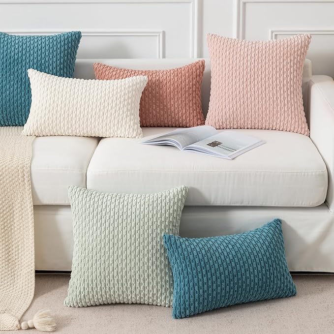 Kevin Textile Throw Pillow Covers Soft Corduroy Decorative Set of 2 Boho Striped Pillow Covers Pillowcases Farmhouse Home Decor for Couch Bed Sofa Living Room 12x20 Inch Light Blue