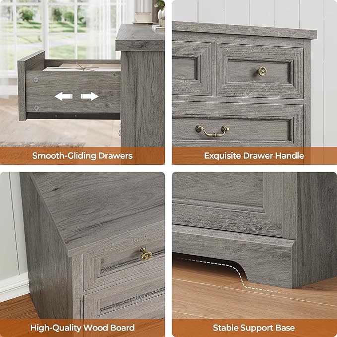 DICTAC 10 Drawers Dresser for Bedroom,55" Wide Farmhouse Dresser with Natural Texture and Vintage Metal Handles, Rustic Wood Chest of Drawers for Bedroom, Living Room, Hallway,Oak Grey