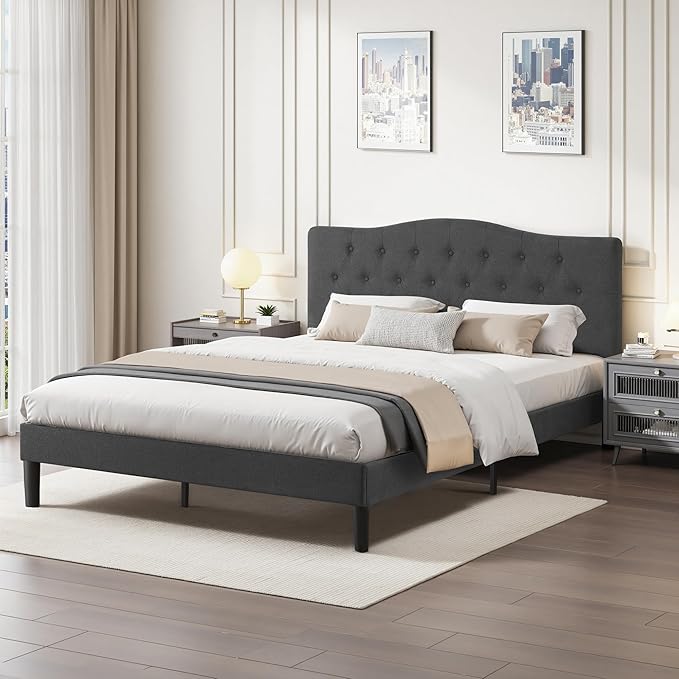 VECELO Full Size Platform Bed Frame with Fabric Upholstered Headboard and Wooden Slats Support, No Box Spring Needed/Easy Assembly,Grey