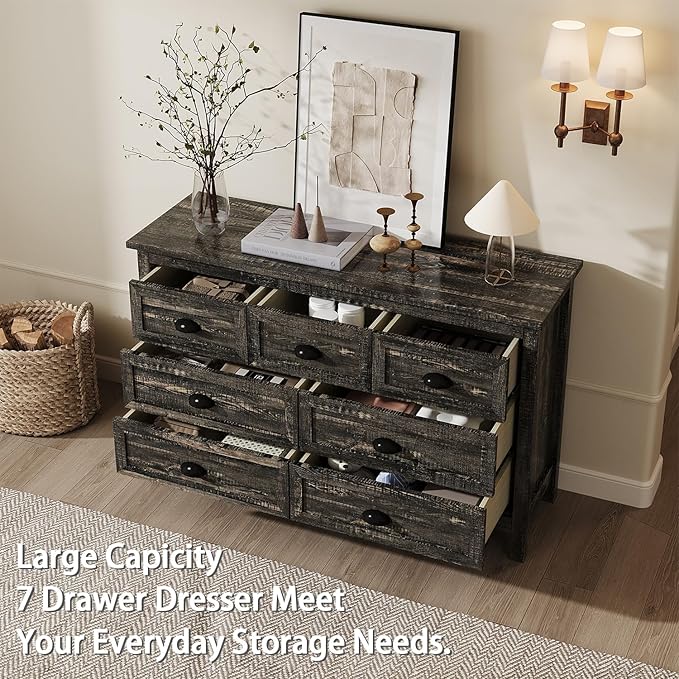 Dresser for Bedroom, Modern Black Dresser with 7 Drawers, Wide Chest of Drawers with Metal Handles,Wood Double Storage Cabinet for Living Room, Bedroom, Hallway
