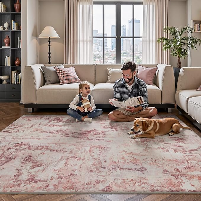 tchdio Area Rug 9x12 Rugs for Living Room- Abstract Soft Living Room Rug-Non Slip Carpet- Washable Pink Rug for Bedroom Dining Room Home Office