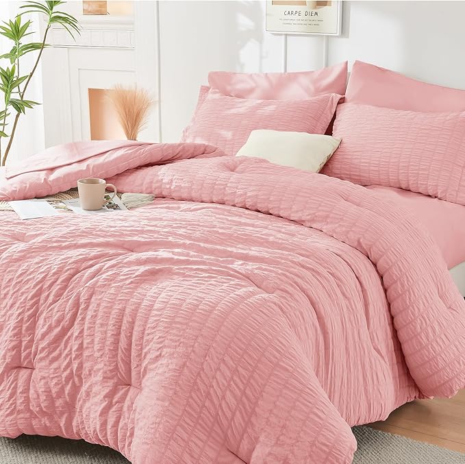 HYMOKEGE Rose Pink Queen Comforter Set Seersucker 7 Pieces, All Season Luxury Bed in a Bag Queen for Bedroom, Bedding Set with Comforter, Sheets, Pillowcases & Shams