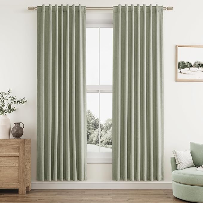 Sage Green Linen Blackout Curtains 78 Inch Length 2 Panels Set for Living Room Bedroom Back Tab Thermal Insulated 100% Black Out Linen Drapes Room Darkening Window Curtains 78 Inches Long
