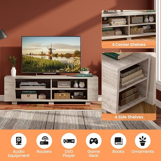 Giantex Modern TV Stand for TVs up to 65 Inch, Wood Entertainment Center w/ 8 Open Storage & Adjustable Shelves, Television Stands w/Cable Holes, TV Console Table for Living Room Bedroom (White Oak)