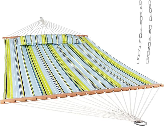 Sunnydaze Quilted Outdoor Hammock with Spreader Bars - Heavy-Duty 450-Pound Capacity Double Hammock for Outside - Blue and Green