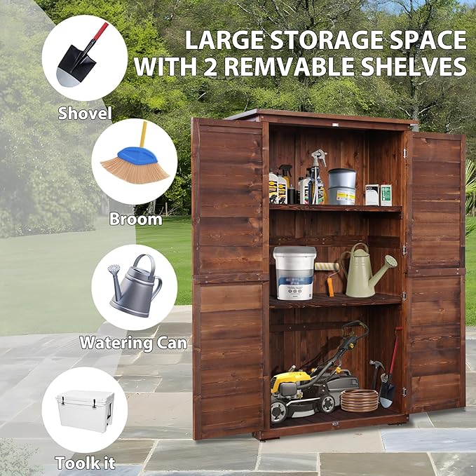 Outdoor Storage Cabinet, Wood Garden Shed, Pool Storage Shed with Lockable Door, Waterproof Roof and 2 Removable Shelves, Vertical Outside Storage Shed for Patio, Backyard, Carbonized Black