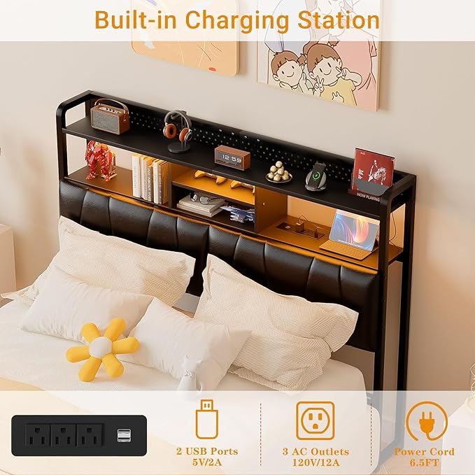 Unikito Headboard for Queen Size Bed Frame, Upholstered Head Board with Outlets, USB Ports and LED Light, Comfortable Leather Headboards with Storage Shelf, Sturdy Queen Bed Headboard Only, Black