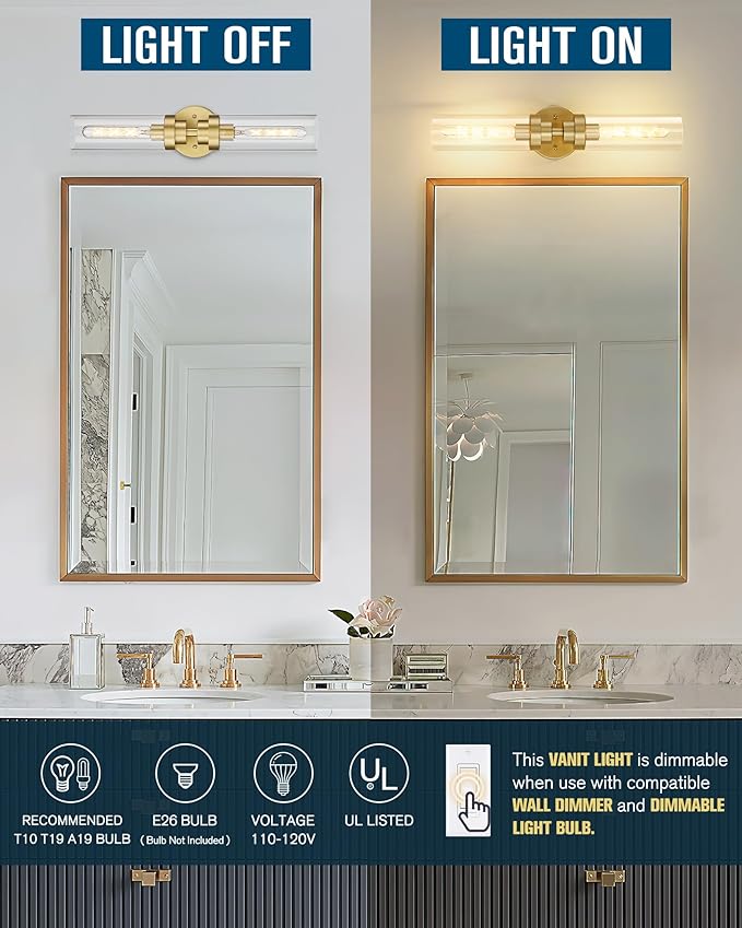 Emak Modern 22 Inch Gold Bathroom Light Fixtures Over Mirror, Cylinder Bathroom Vanity Lights for Mirror, 2-Light Wall Sconces with Clear Glass for Bathroom, Bedroom, Hallway, VL085-GD-2
