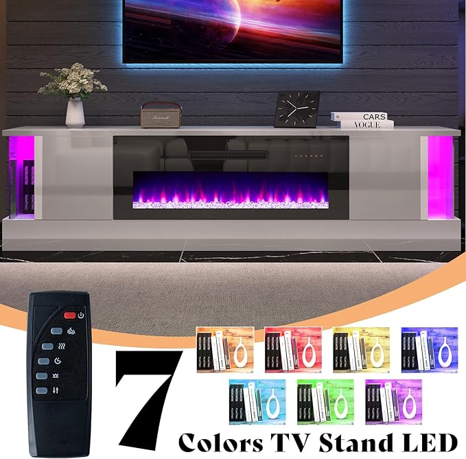 AMERLIFE High Gloss Fireplace TV Stand with 40" Fireplace, 80" LED Lights Entertainment Center with Flip Doors & Corner Glass Decor, Modern TV Console Table for TVs up to 90", Living Room, White