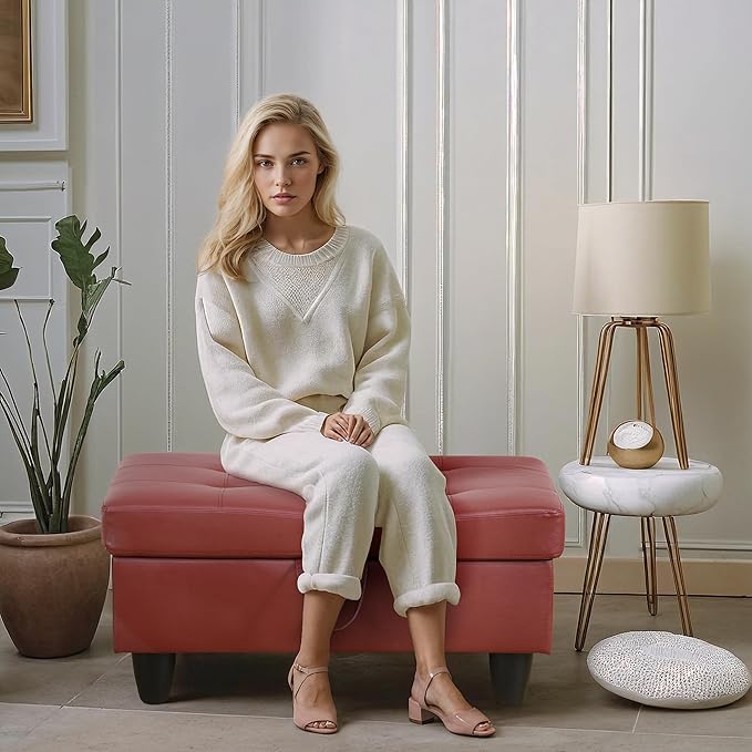 Ottoman Rectangular Storage Ottoman Bench, Faux Leather Footrest, Coffee Table, Stool Footstool with Hinged Lid for Living Room, Bedroom, Entryway, Red, 35"x23.5"x17.5"