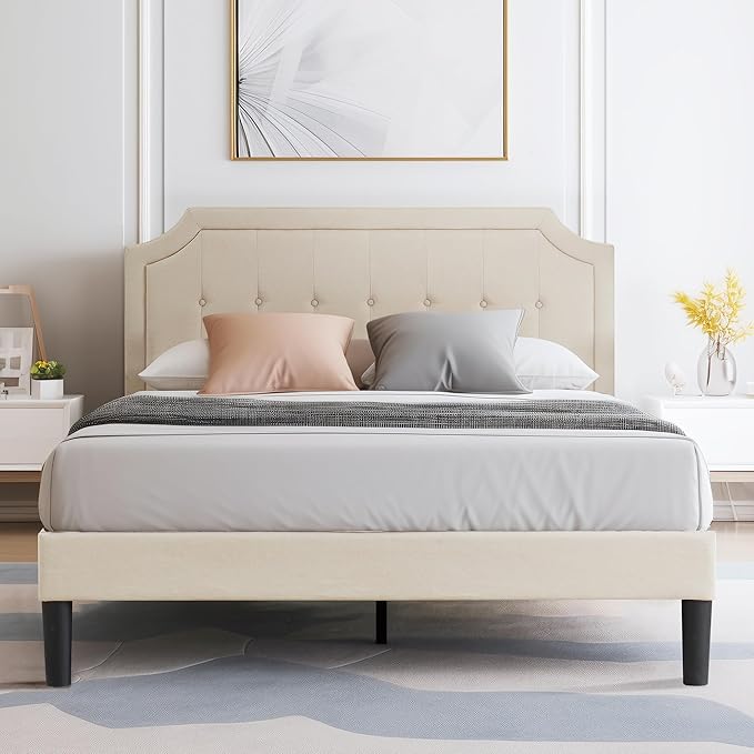VECELO Queen Size Platform Bed Frame with Fabric Upholstered Headboard and Wooden Slats Support, No Box Spring Needed/Easy Assembly,Beige