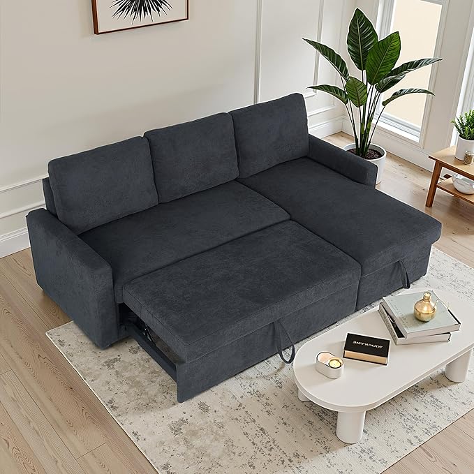 83" Pull Out Sleeper Couch with Storage Chaise, Couch, Sofa Bed, Convertible L Shaped Sofa for Living Room, Apartment, Dark Grey