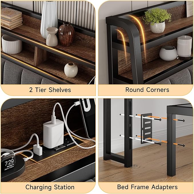 Ergonomic Headboard for King Size Bed with 2-Tier Storage, Upholstered Headboards with Outlets, USB Ports, LED Light, King Head Board Only, Height Adjustable, Sturdy and Stable, Black & Brown