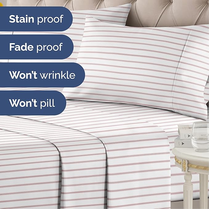 Striped Sheets - Red & White Striped Sheets - 1 Flat & 1 Fitted & 1 Pillowcase w/ Deep Pockets – Wrinkle & Fade Resistant - Soft, Breathable & Cooling – Luxury Pinstripe Bedding - Twin Size Bed Set