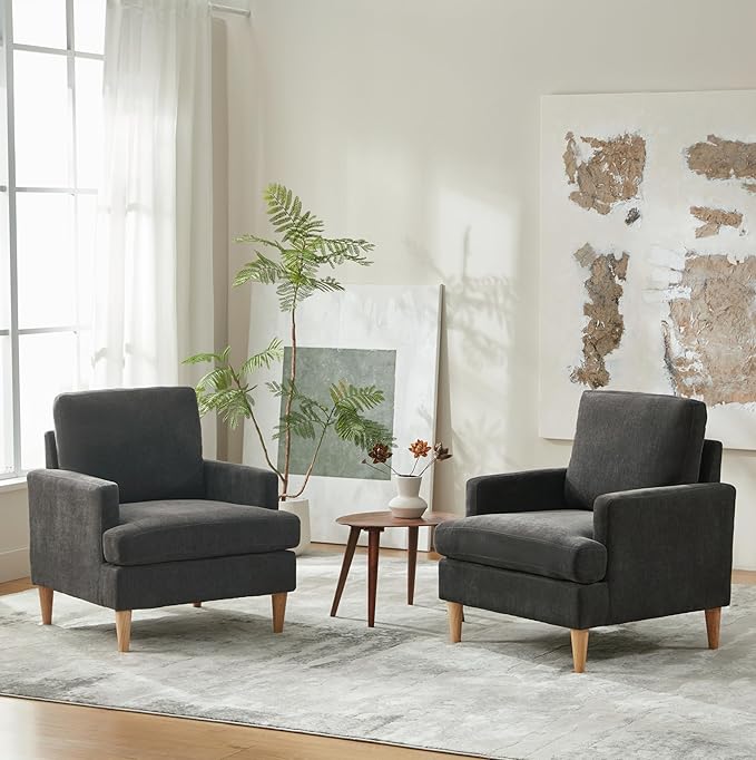 VKNOW Mid-Century Accent Chairs Set of 2, Modern Upholstered Chenille Armchair for Living Room,Comfy Reading Accent Chairs with Wood Legs for Bedroom, Dark Grey