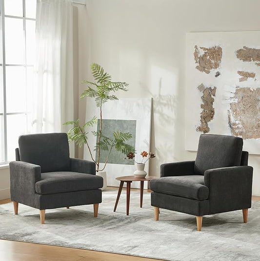 VKNOW Mid-Century Accent Chairs Set of 2, Modern Upholstered Chenille Armchair for Living Room,Comfy Reading Accent Chairs with Wood Legs for Bedroom, Dark Grey