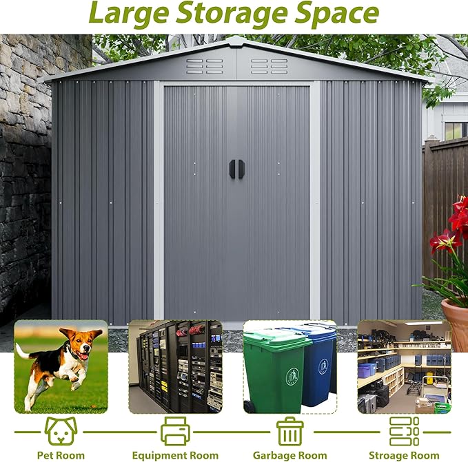 8 x 6 FT Outdoor Storage Metal Shed, Bike Garden Tool Shed with Slooping Roof, Lockable Doors and Aluminum Frames, Shed Easy to Assemble for Garden, Patio, Lawn, Black