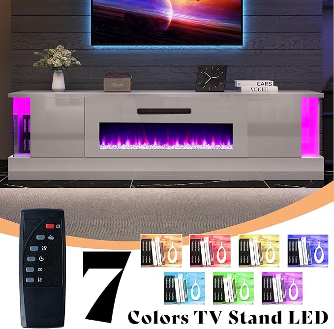 AMERLIFE High Gloss Fireplace TV Stand with 36" Fireplace, 70" LED Lights Entertainment Center with Flip Doors & Corner Glass Decor, Modern TV Console Table for TVs up to 80", Living Room, White&White