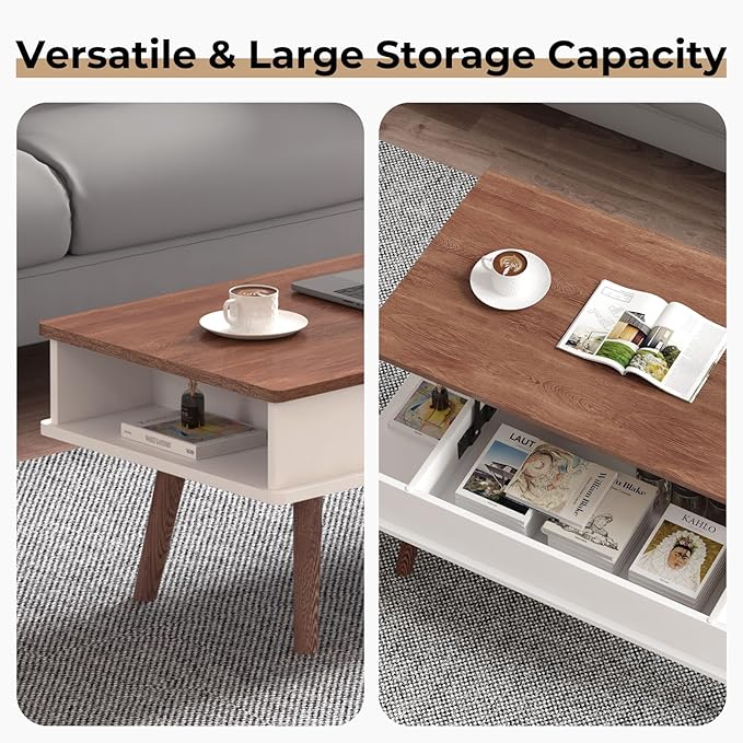 Lift Top Coffee Table, One Minute No Assembly Required Rising Tabletop Center Table with Large Hidden Storage Compartment, Open Shelf, Anti-Pinch Design Mute for Living Room (Walnut)