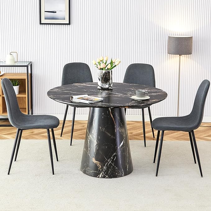 45 Inch Round Dining Table Set for 4, 5 Piece Kitchen Table and Chairs Set, Black Faux Marble Table Top, Small Space Dining Set for Apartment or Dining Room