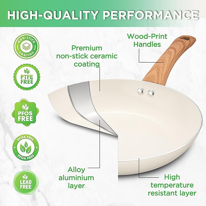 23 Pcs Pots and Pans Set Nonstick, Kitchen Cookware Sets, with Frying Pan, Saucepan, Saute Pan, Lightweight Cooking Set with Stay-Cool Wood Print Handles, NO PFAS and PFOA, Light Wood