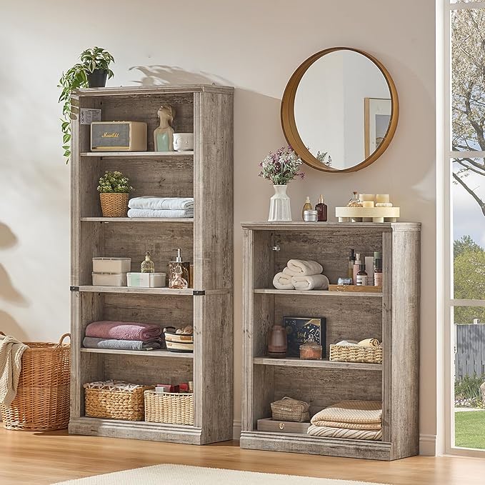 43" Grey Tall Bookshelf Set of 4,3-Tier Thick Wooden Book Shelf with Adjustable Shelves,Free Standing Farmhouse Bookcase with Open Display Storage,Floor Vintage Bookshelves for Living Room