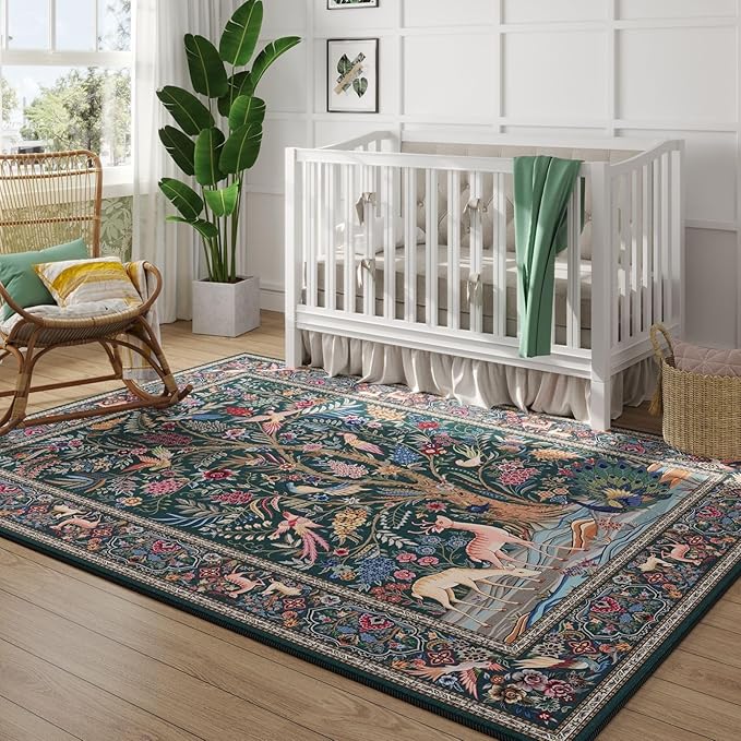 Area Rugs 5x7 Vibrant Tree of Life-Patterned Vintage Washable Area Rug Non Slip Low Pile Large Rugs for Living Room Bedroom Farmhouse Dining Room Kids Playroom, Green