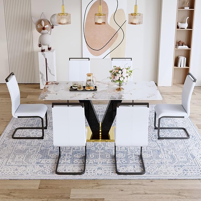 71'' Dining Table Set for 6,Modern Dining Room Table Set for 6,Marble Dining Table with 6 PU Leather Dining Chairs,Gold Dining Room Table with Glossy V-Shaped Base Ideal for Kitchen