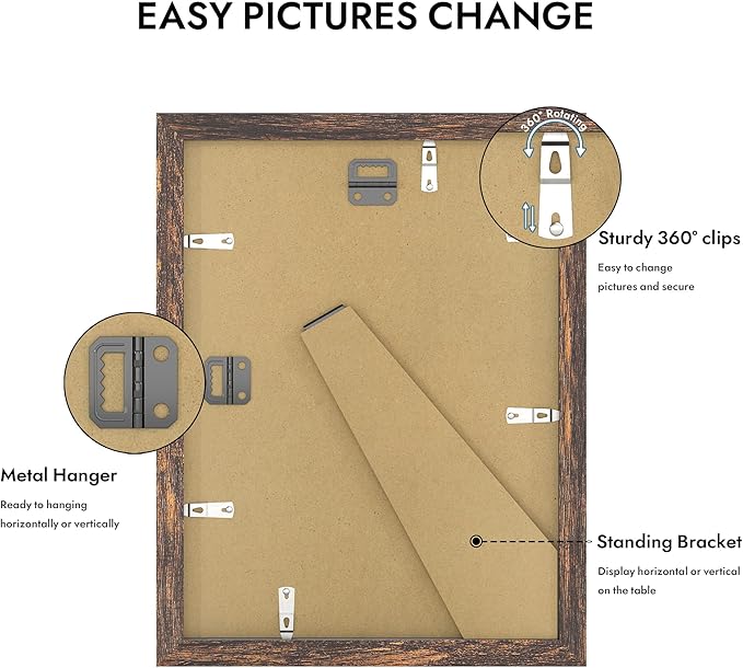 9x12 Picture Frame with Glass, Display Pictures 7x10 with Mat or 9 x 12 without Mat - Wall and Tabletop, 9 by 12 Photo Wooden Frames (Rustic Brown, 1 Pack)
