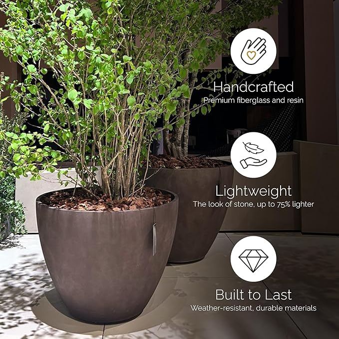 Lupo Tapered Planter – Concrete Stone Finish – Fiberglass Indoor/Outdoor and Weather-Resistant Large Planter (32.3" D x 24.6" H Exterior, 30.7" D x 24" H Interior)