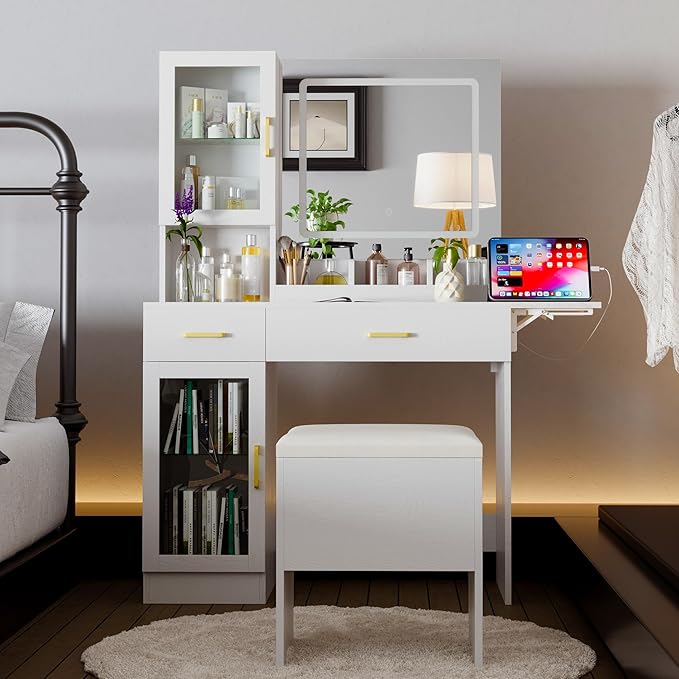 KAMABOKO Modern Vanity Desk with Mirror and Lights, Makeup Table with with 2 Drawers & 2 Display Cabinets & Charging Station, Dressing Set for Bedroom