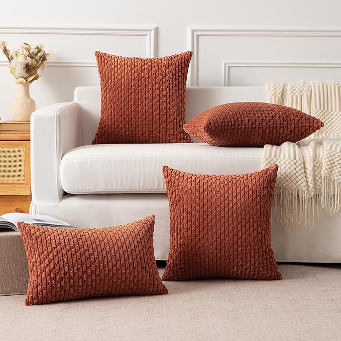 Kevin Textile Pack of 2 Fall Corduroy Decorative Throw Pillow Covers 12x20 Inch Soft Boho Striped Pillow Covers Modern Farmhouse Home Decor for Sofa Living Room Couch Bed Rust