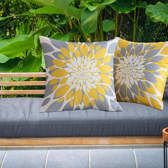 Qahing Pack of 4 Fall Outdoor Waterproof Pillow Covers 16x16 Decorative Outdoor Throw Pillows Garden Square Cushion Cases for Patio Furniture, Couch, Tent Sunbrella, Bench, Mustard Yellow Grey