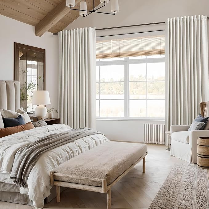 Cream Linen Blackout Curtains 105 Inch Length 2 Panels Set for Living Room Bedroom Back Tab Thermal Insulated 100% Black Out Linen Drapes Room Darkening Window Curtains 105 Inches Long Ivory Natural