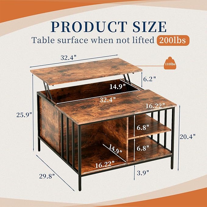 Lift Top Coffee Table with Storage,Square Coffee Tables with Hidden Compartment,Farmhouse Rustic Lift Tabletop Pottery Barn Coffee Table with Opening Drawers for Living Room,Assemble Required