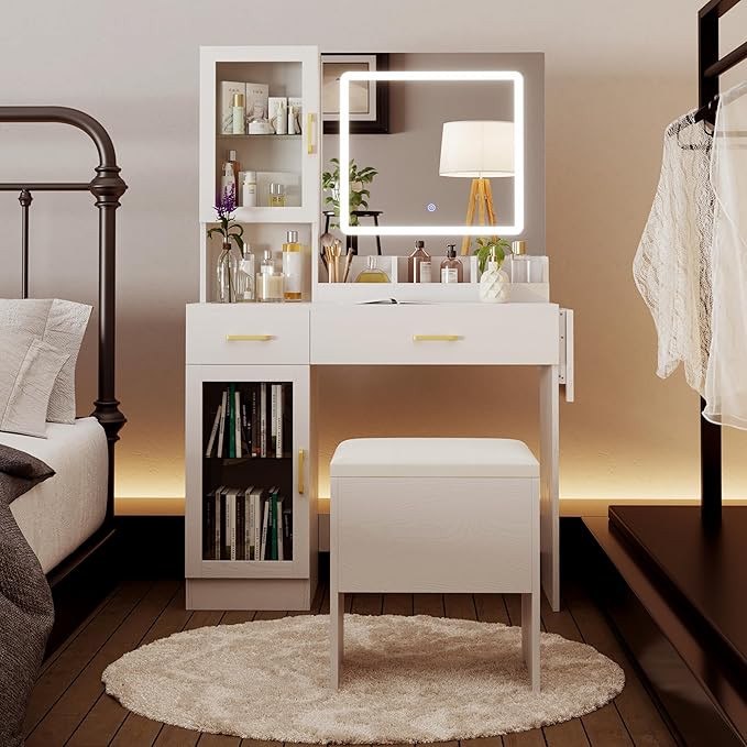 KAMABOKO Modern Vanity Desk with Mirror and Lights, Makeup Table with with 2 Drawers & 2 Display Cabinets & Charging Station, Dressing Set for Bedroom