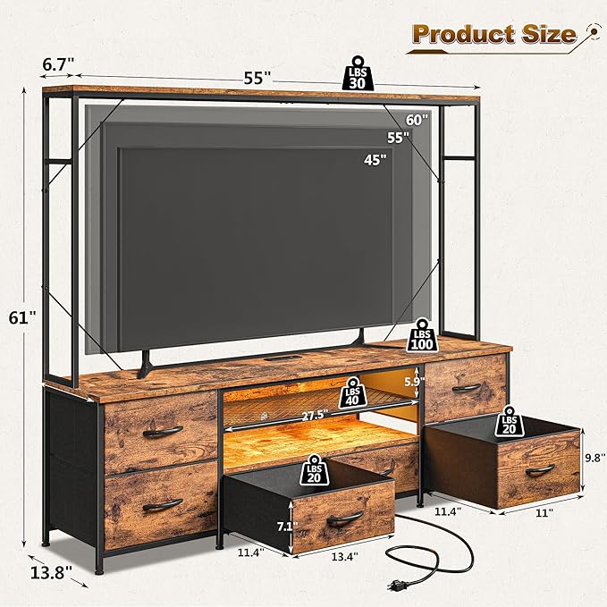 TV Stand for 55 60 inch TV, Large Wall Unit Entertainment Center with LED Lights & Power Outlets, TV Stands for Living Room, Closet, Entryway,13.8" D x 55" W x 61" H, Rustic Brown