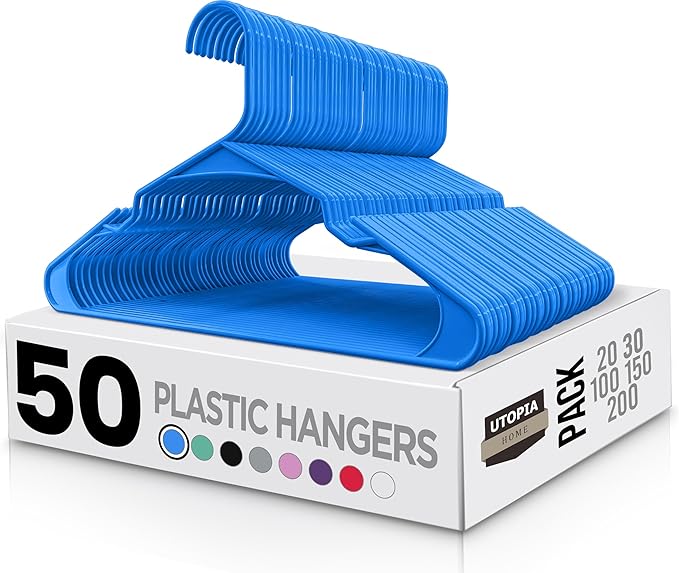 Utopia Home Plastic Hangers 50 Pack - Perfect Space Saving Clothes Hanger - Durable and Strong - Perfect Closet Organizers with Shoulder Grooves (Blue)