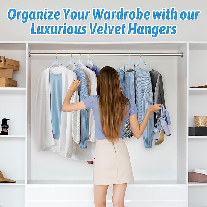 Velvet Hangers 50 Pack – Slim Non-Slip Flocked Clothes Hangers with Notches, Space-Saving Durable Hangers for Dresses, Coats, Blouses(Blue)