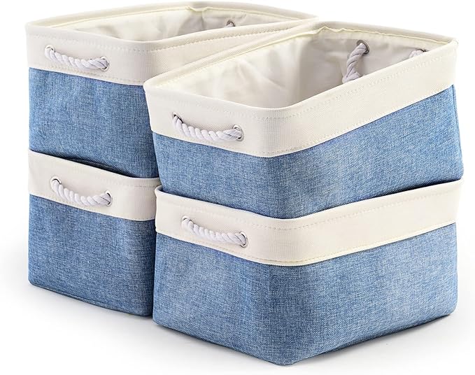 TcaFmac Storage Basket for Organizing - Large 4 Pack Fabric Storage Bins Baskets for Shelves with Ropes, Foldable Storage Cubes for Closet Cloth Toy (White & Blue16x12x8 inch)
